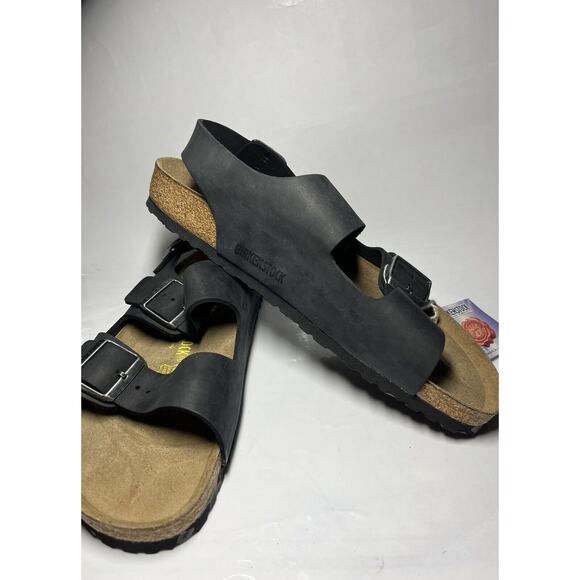 VINTAGE ORIGINAL FOOTBED Birkenstock Milano BLACK OILED LEATHER Sandals SZ 42 - Picture 10 of 16